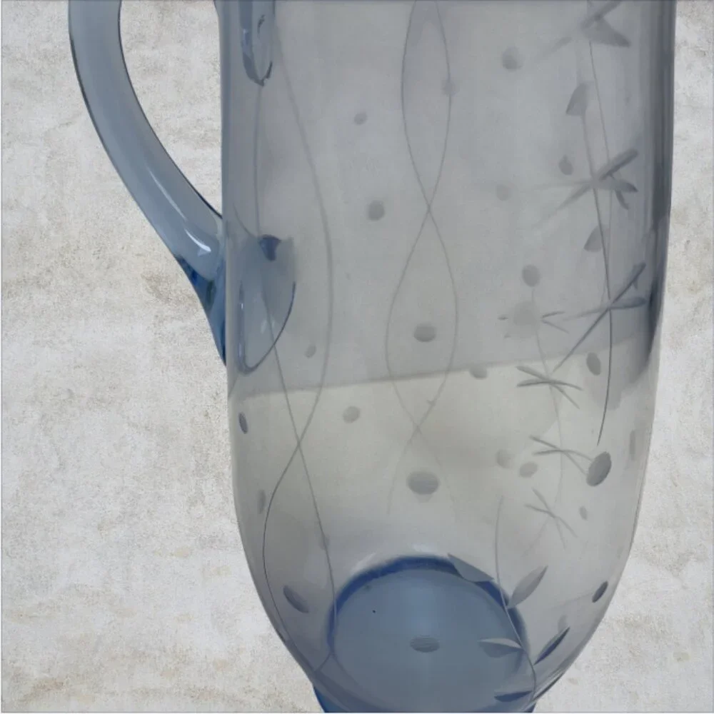 VINTAGE PITCHER -- Blue Glass, Circa 1980, Etched Glass Carafe, Tea/Juice/Water